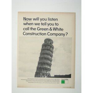 Vintage Green & White Construction Company  Print Ad Leaning Tower Of Pisa Print
